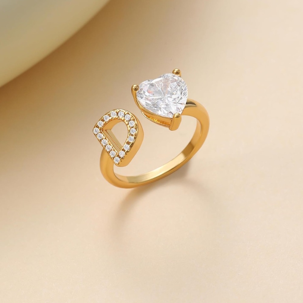 Elegant Gold Inital Letter “D” Heart Ring